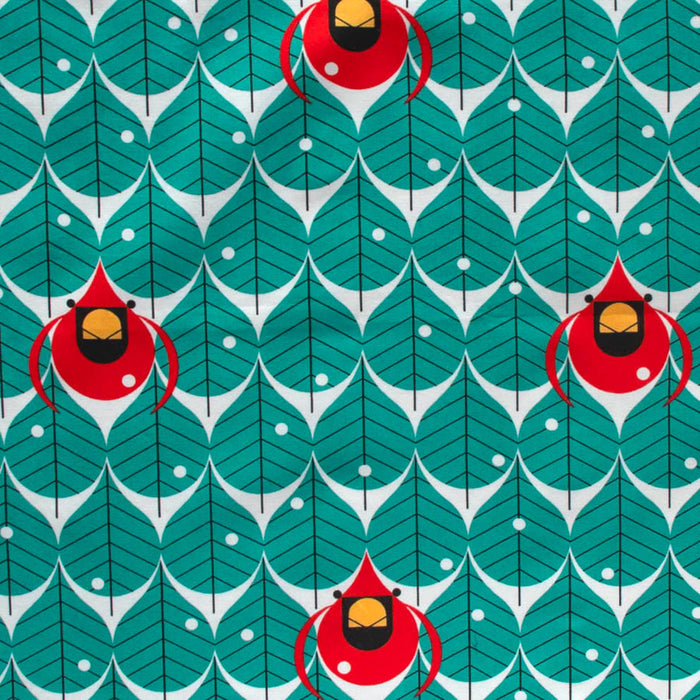Coniferous Cardinal organic fabric by Charley Harper. Sold by Canadian onine fabric store Woven Fabric Gallery.