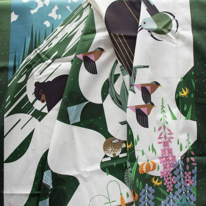 Alpine Northwest organic fabric panel by Charley Harper for Birch Fabrics sold by Canadian online fabric store Woven fabric Gallery.
