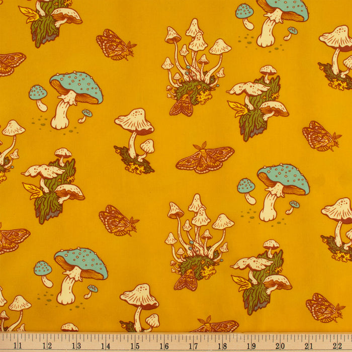 Mushrooms Mustard organic fabric from Birch Fabrics. Sold by Canadian online fabric store Woven Fabric Gallery.