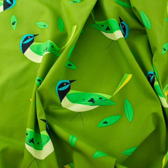 Green Jay organic fabric by Charley Harper Western Birds for Birch Fabrics.  Sold by Canadian online fabric store Woven Fabric Gallery.