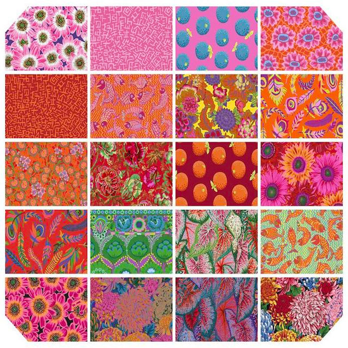 Bright 10" charm pack by Kaffe Fassett.  Sold by Canadian online fabric store Woven Fabric Gallery.