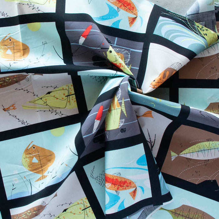Lakehouse Fish Panel organic fabric  by Charley Harper. Sold by Canadian online fabric store Woven Fabric Gallery.