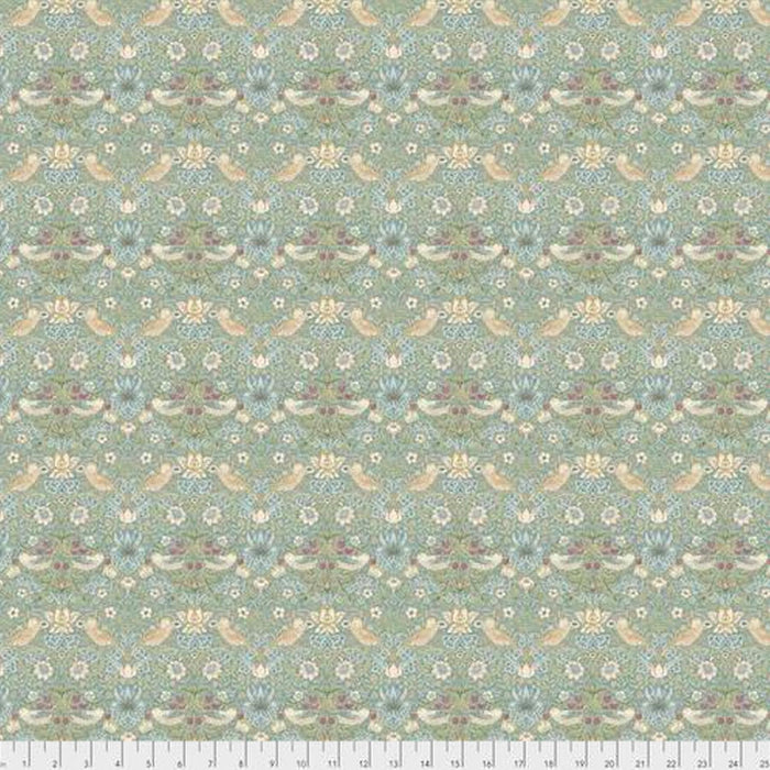 Mini Strawberry Thief Aqua fabric by William Morris. Sold by Canadian online fabric store Woven Fabric Gallery. 
