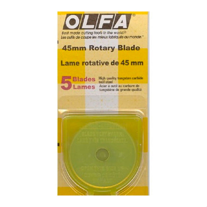 Olfa 45mm blades package of 5. Sold by Canadian online fabric shop Woven Fabric Gallery.