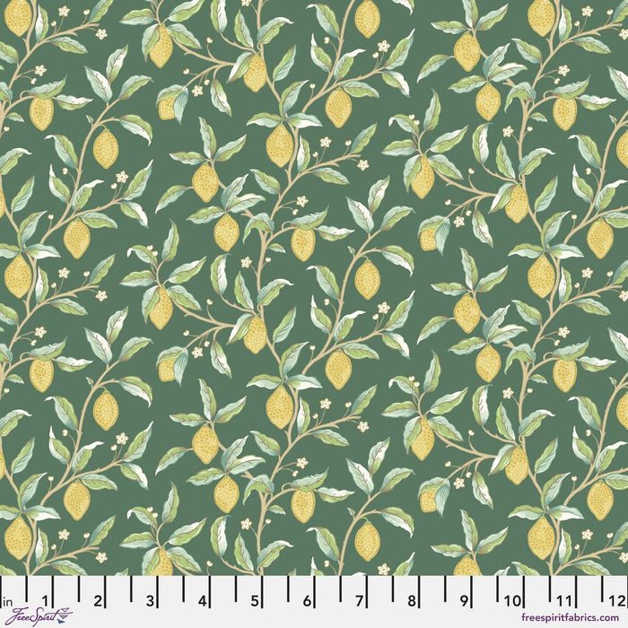Lemon Tree Dark Green fabric. Design by William Morris for Free Spirit Fabrics. 100% cotton 44"-45" wide. Sold by Canadian online fabric store Woven Fabric Gallery.