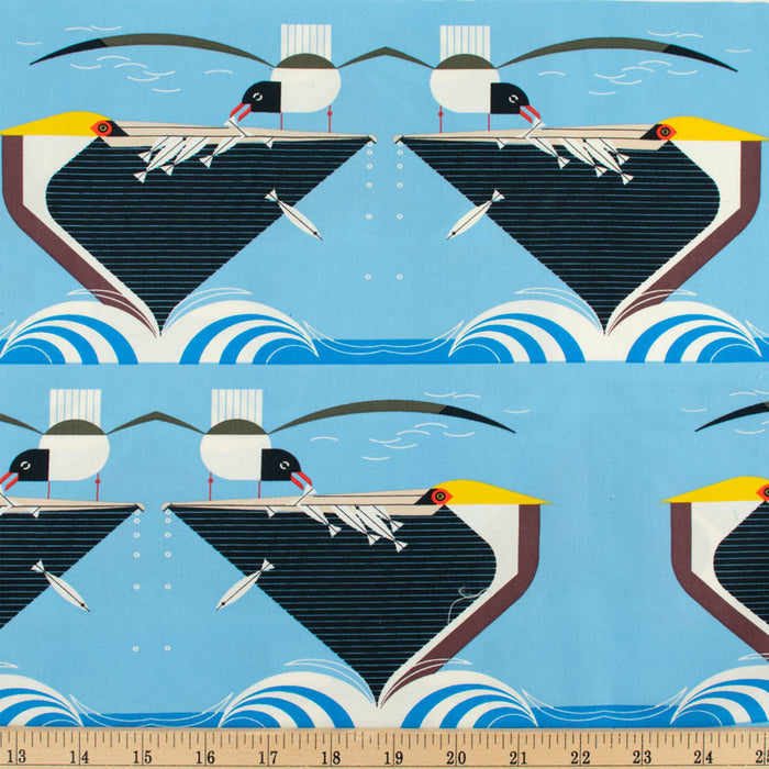 Pelican Feeding Organic fabric by Charley Harper for Birch Fabrics.  Sold by Canadian online fabric shop Woven Fabric Gallery.