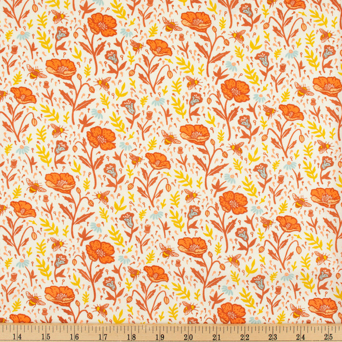 Poppies Cream Organic Fabric by Mustard Beetle from Birch Fabrics. Sold by Canadian oline fabric store Woven Fabric Gallery.