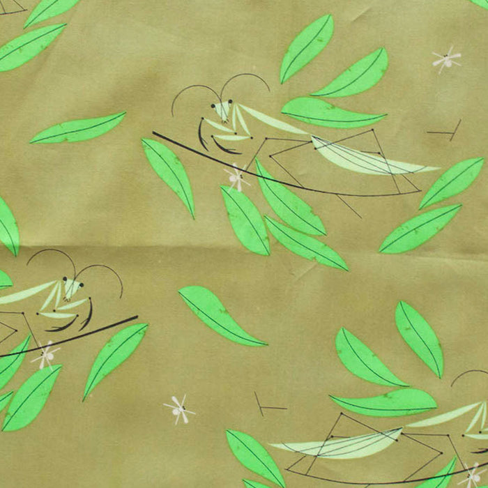 Praying Mantis organic fabric. Design by Charley Harper for Birch Fabrics. Sold by Canadian oline fabric store Woven Fabric Gallery. 