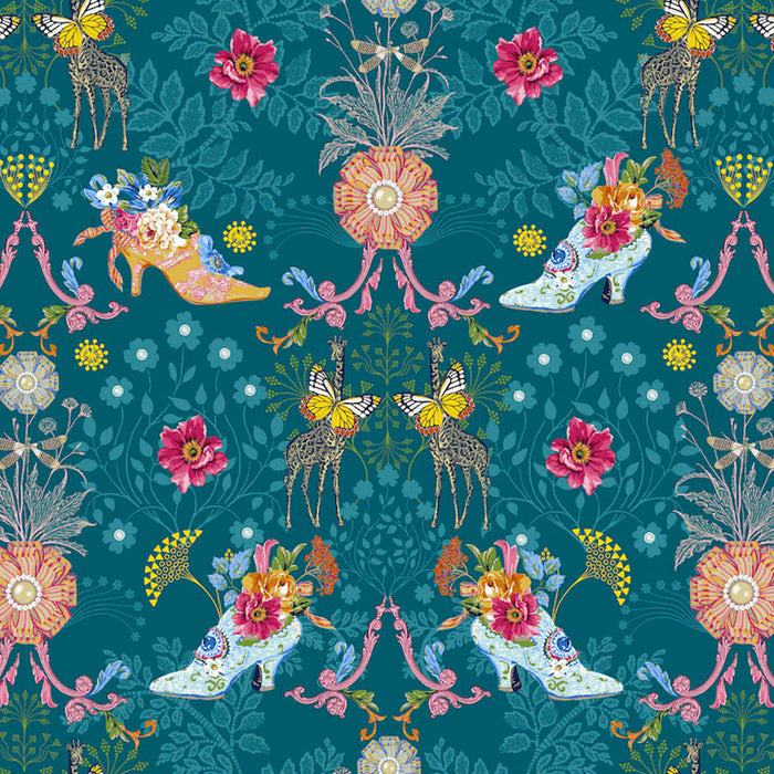 Royal Expedition teal fabric by Odile Bailloeul for Free Spirit fabrics. Sold by Canadian online fabric store Woven Fabric Gallery. 