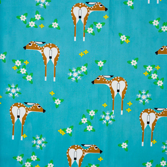 Sierra Deer Field organic fabric design by Charley Harper. Sold by Canadian online fabric store Woven Fabric Gallery.
