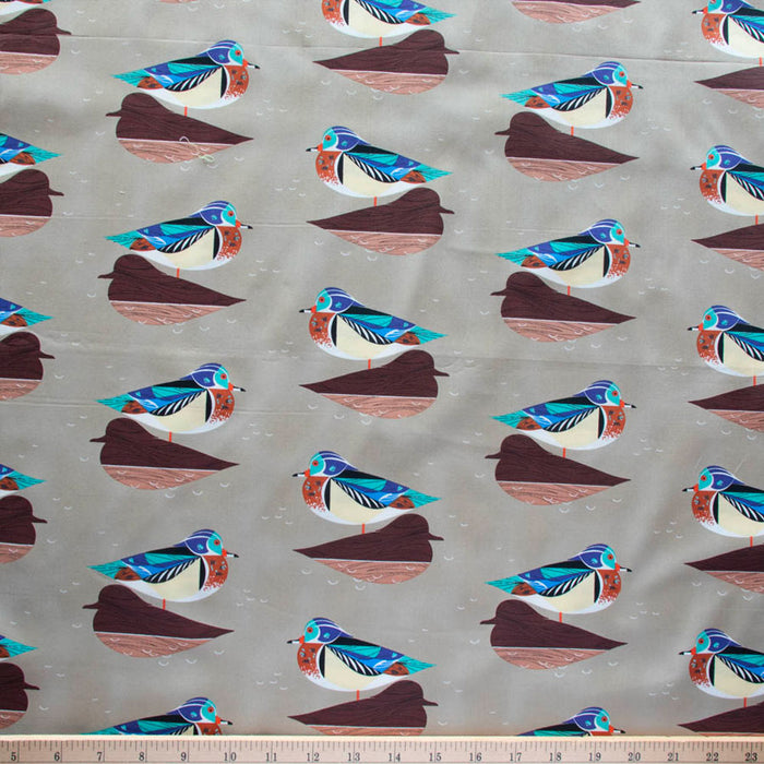 Wood Duck organic fabric by Charley Harper. Sold by Canadian online fabric store Woven Fabric Gallery. 